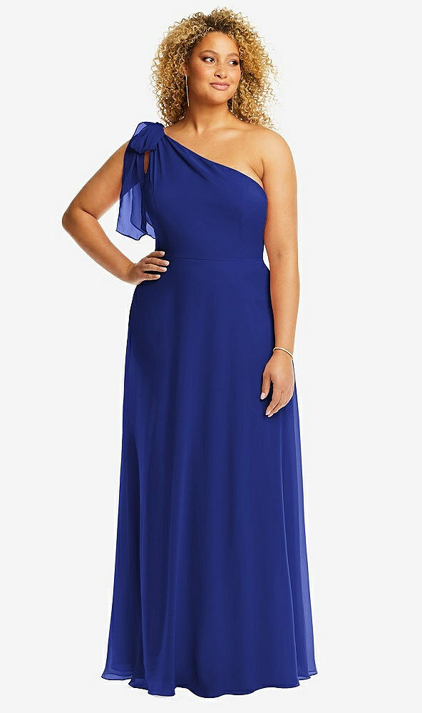 Front View - Cobalt Blue Draped One-Shoulder Maxi Dress with Scarf Bow