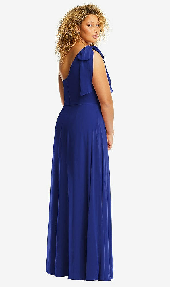 Back View - Cobalt Blue Draped One-Shoulder Maxi Dress with Scarf Bow