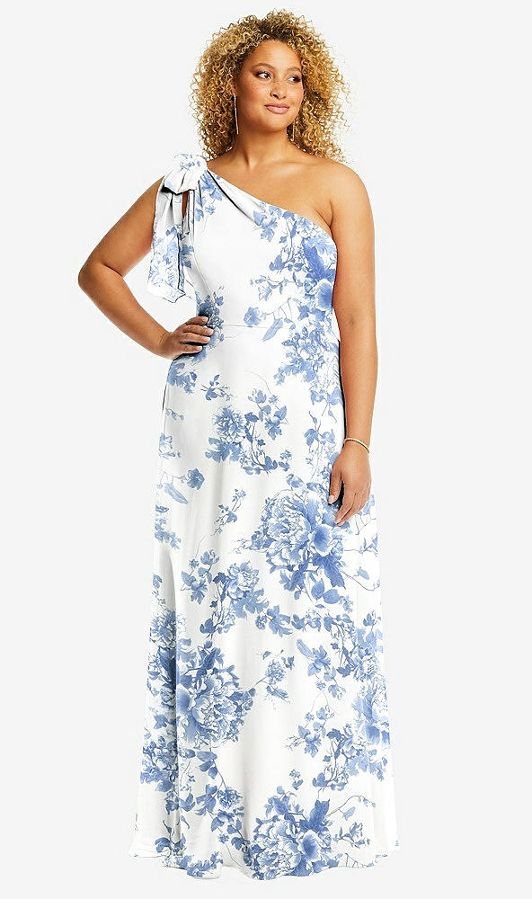 Front View - Cottage Rose Dusk Blue Draped One-Shoulder Maxi Dress with Scarf Bow