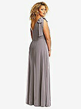 Rear View Thumbnail - Cashmere Gray Draped One-Shoulder Maxi Dress with Scarf Bow