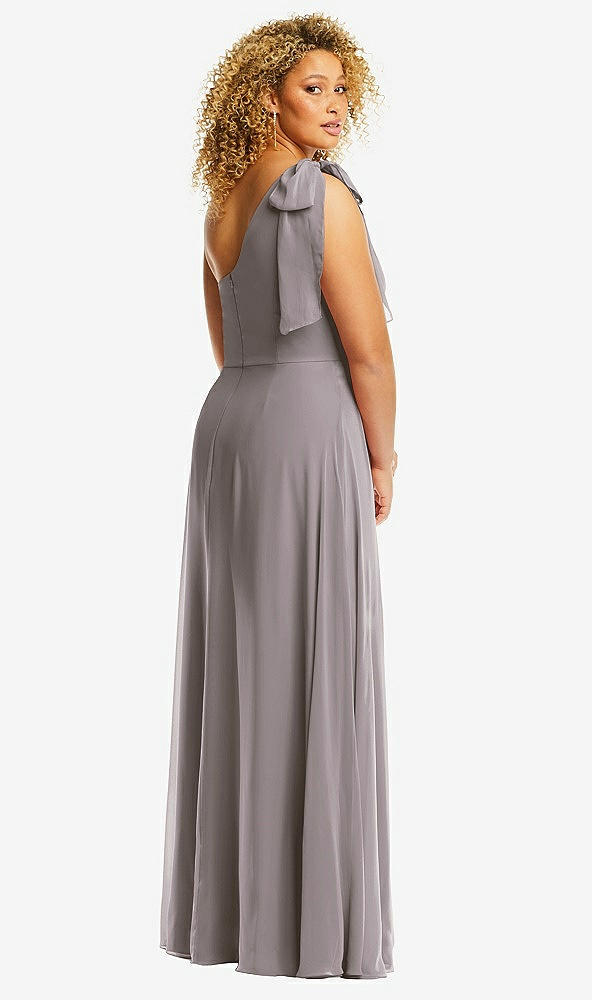 Back View - Cashmere Gray Draped One-Shoulder Maxi Dress with Scarf Bow