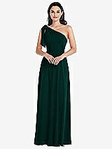 Alt View 1 Thumbnail - Evergreen Draped One-Shoulder Maxi Dress with Scarf Bow