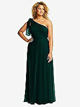 Front View Thumbnail - Evergreen Draped One-Shoulder Maxi Dress with Scarf Bow