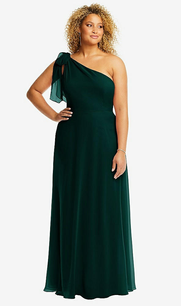 Front View - Evergreen Draped One-Shoulder Maxi Dress with Scarf Bow
