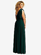 Rear View Thumbnail - Evergreen Draped One-Shoulder Maxi Dress with Scarf Bow