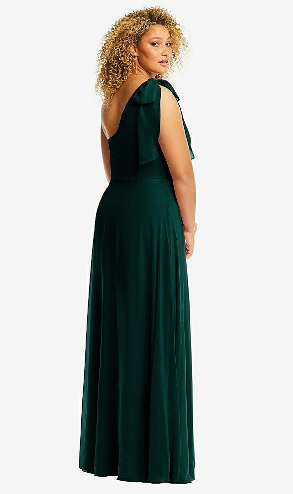 Back View - Evergreen Draped One-Shoulder Maxi Dress with Scarf Bow
