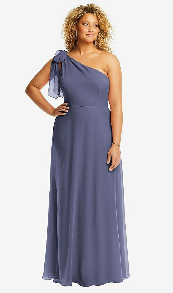 Front View - French Blue Draped One-Shoulder Maxi Dress with Scarf Bow