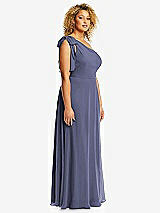 Side View Thumbnail - French Blue Draped One-Shoulder Maxi Dress with Scarf Bow