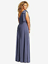 Rear View Thumbnail - French Blue Draped One-Shoulder Maxi Dress with Scarf Bow