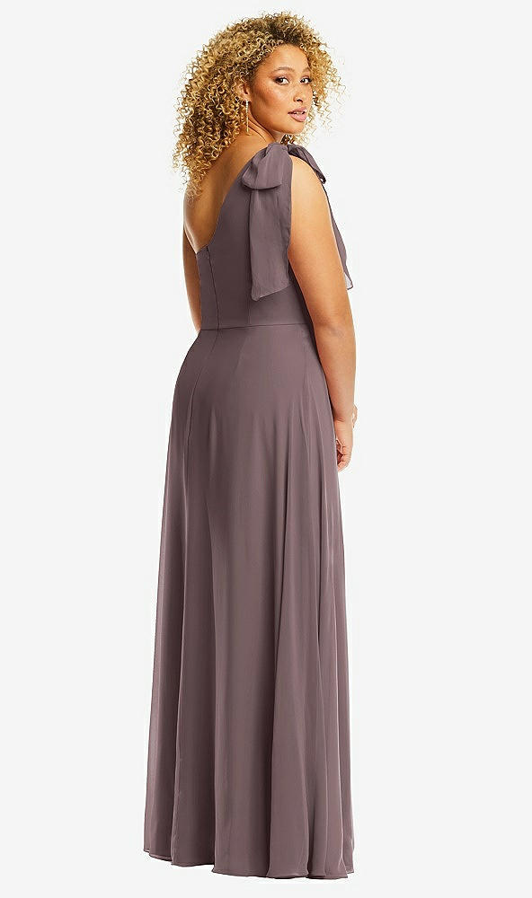 Back View - French Truffle Draped One-Shoulder Maxi Dress with Scarf Bow