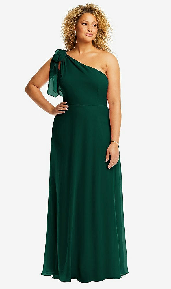 Front View - Hunter Green Draped One-Shoulder Maxi Dress with Scarf Bow