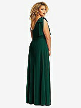 Rear View Thumbnail - Hunter Green Draped One-Shoulder Maxi Dress with Scarf Bow
