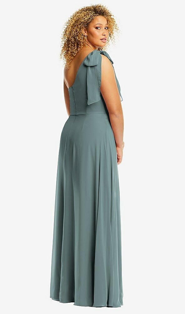 Back View - Icelandic Draped One-Shoulder Maxi Dress with Scarf Bow