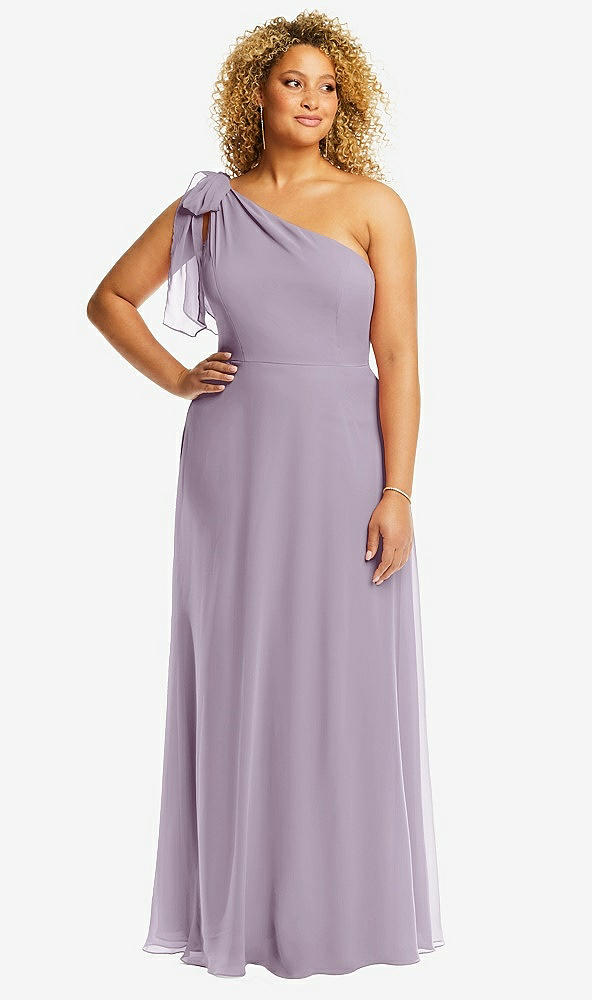 Front View - Lilac Haze Draped One-Shoulder Maxi Dress with Scarf Bow