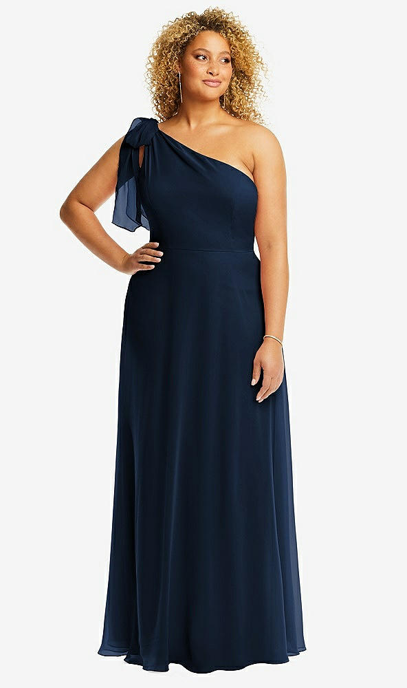Front View - Midnight Navy Draped One-Shoulder Maxi Dress with Scarf Bow