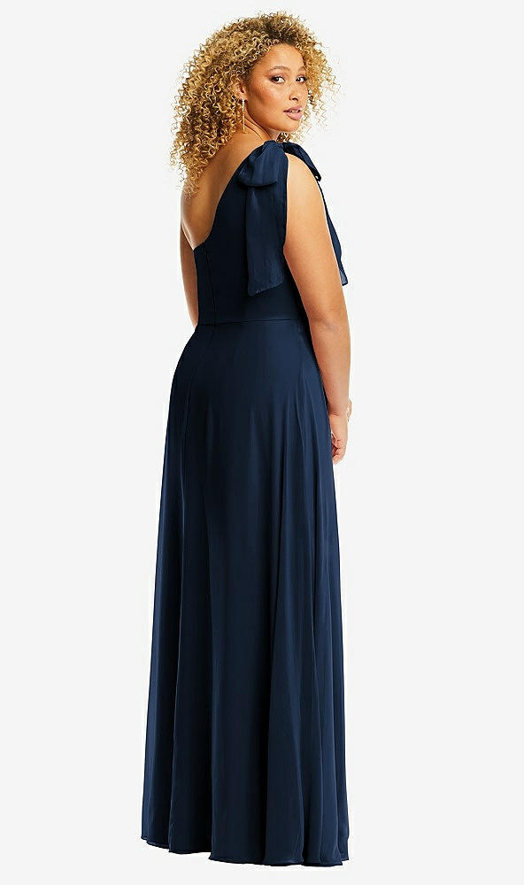 Back View - Midnight Navy Draped One-Shoulder Maxi Dress with Scarf Bow
