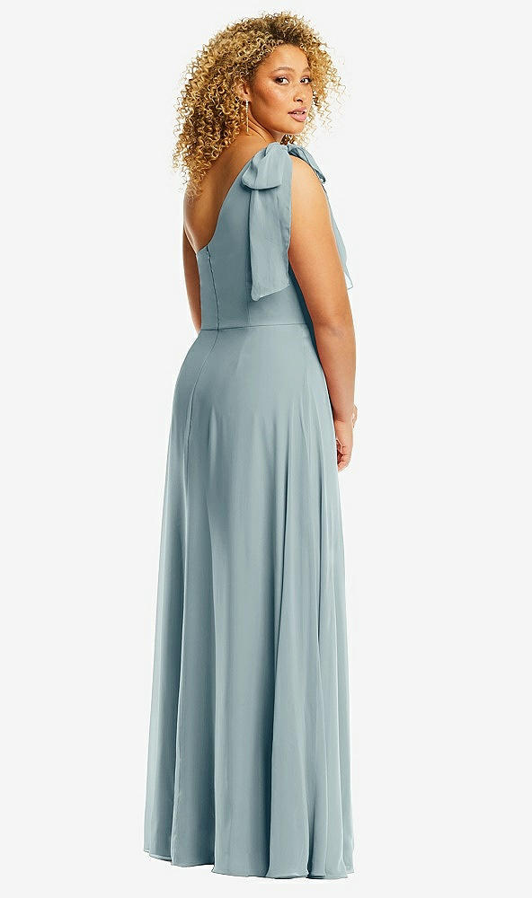 Back View - Morning Sky Draped One-Shoulder Maxi Dress with Scarf Bow