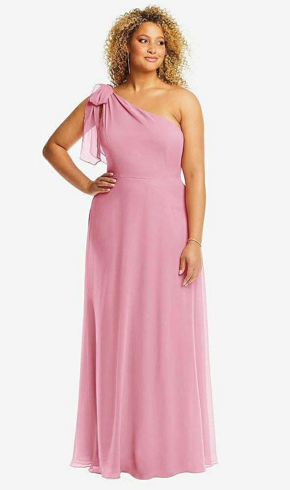 Front View - Peony Pink Draped One-Shoulder Maxi Dress with Scarf Bow