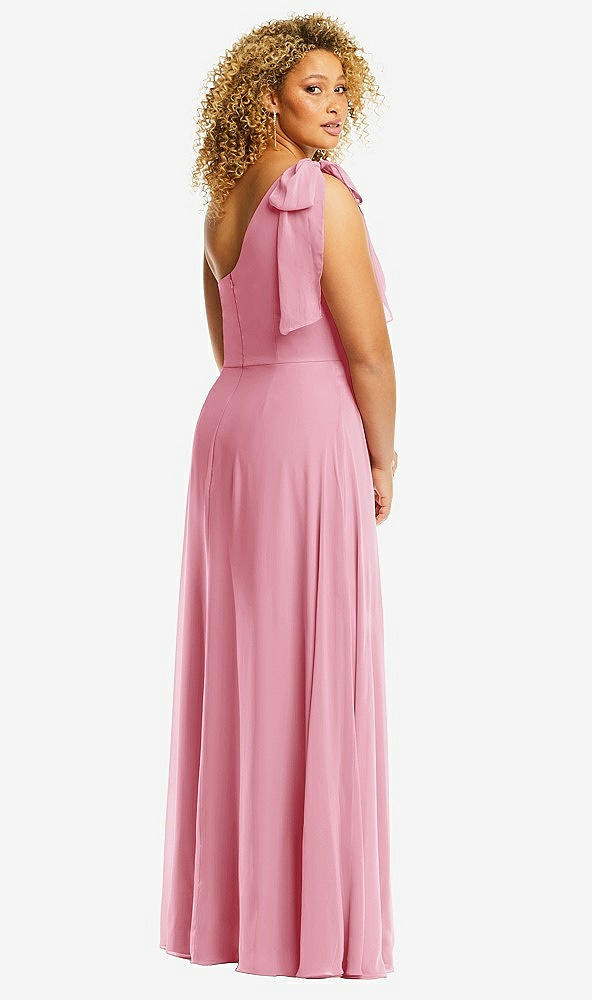 Back View - Peony Pink Draped One-Shoulder Maxi Dress with Scarf Bow