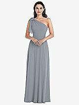 Alt View 1 Thumbnail - Platinum Draped One-Shoulder Maxi Dress with Scarf Bow