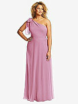 Front View Thumbnail - Powder Pink Draped One-Shoulder Maxi Dress with Scarf Bow