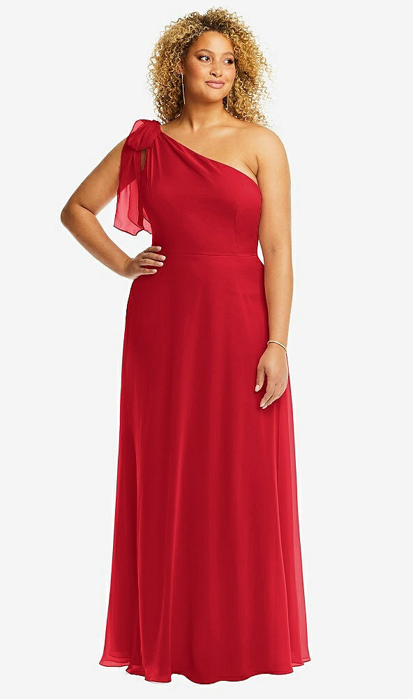 Front View - Parisian Red Draped One-Shoulder Maxi Dress with Scarf Bow