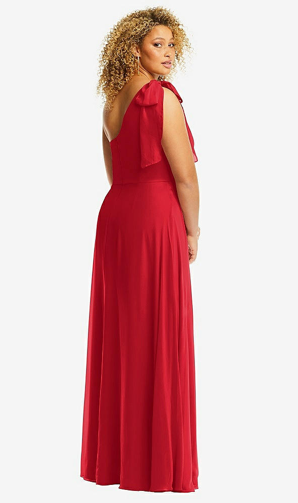 Back View - Parisian Red Draped One-Shoulder Maxi Dress with Scarf Bow
