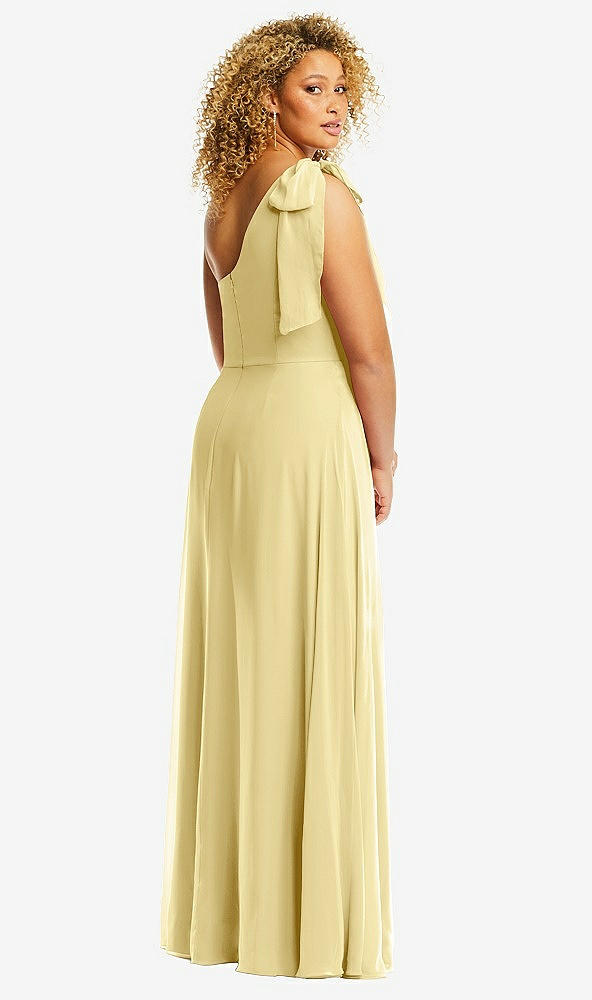 Back View - Pale Yellow Draped One-Shoulder Maxi Dress with Scarf Bow