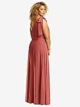 Rear View Thumbnail - Coral Pink Draped One-Shoulder Maxi Dress with Scarf Bow