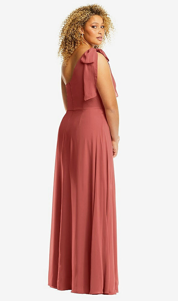 Back View - Coral Pink Draped One-Shoulder Maxi Dress with Scarf Bow