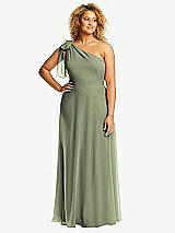 Front View Thumbnail - Sage Draped One-Shoulder Maxi Dress with Scarf Bow