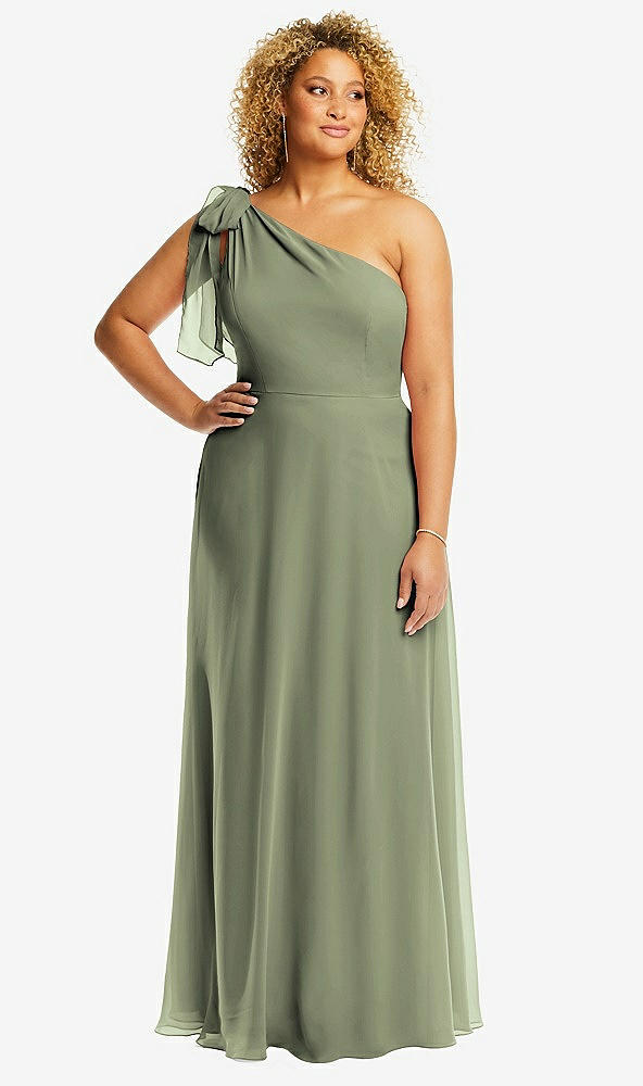 Front View - Sage Draped One-Shoulder Maxi Dress with Scarf Bow