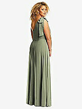 Rear View Thumbnail - Sage Draped One-Shoulder Maxi Dress with Scarf Bow