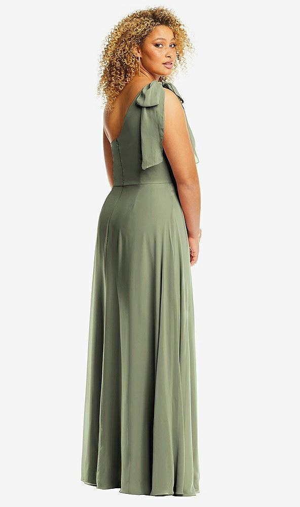 Back View - Sage Draped One-Shoulder Maxi Dress with Scarf Bow