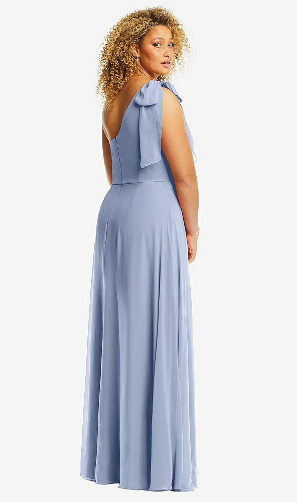 Back View - Sky Blue Draped One-Shoulder Maxi Dress with Scarf Bow
