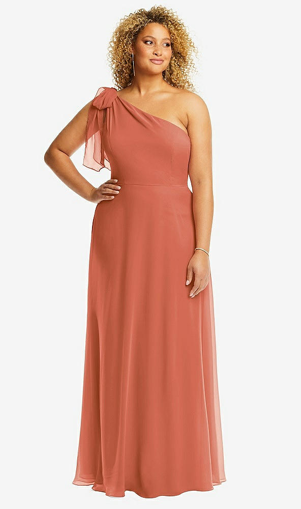 Front View - Terracotta Copper Draped One-Shoulder Maxi Dress with Scarf Bow