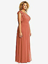 Side View Thumbnail - Terracotta Copper Draped One-Shoulder Maxi Dress with Scarf Bow