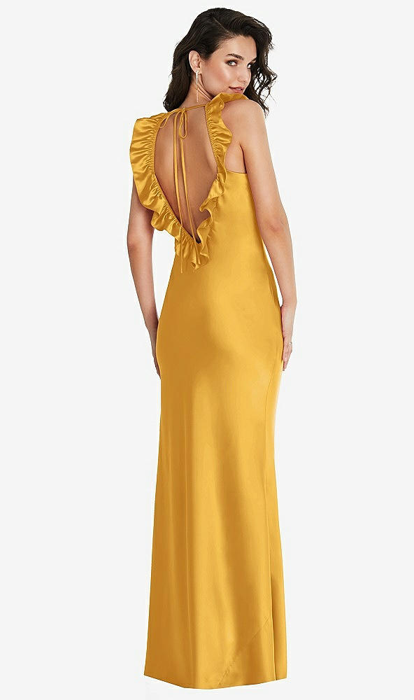 Front View - NYC Yellow Ruffle Trimmed Open-Back Maxi Slip Dress