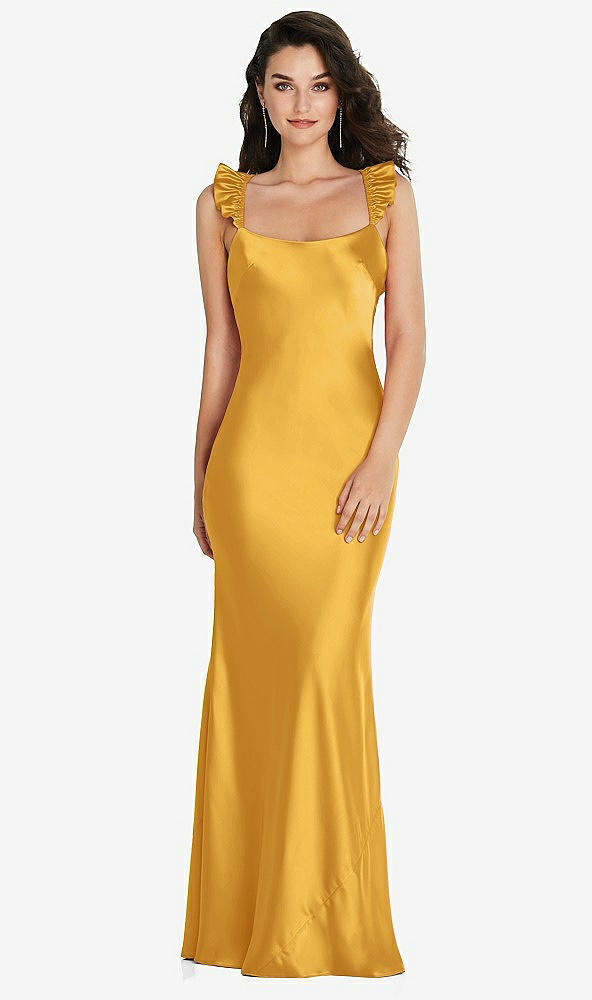Back View - NYC Yellow Ruffle Trimmed Open-Back Maxi Slip Dress