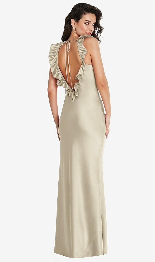 Front View - Champagne Ruffle Trimmed Open-Back Maxi Slip Dress