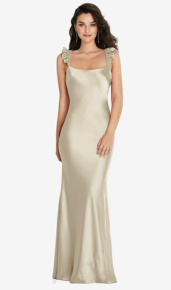 Back View - Champagne Ruffle Trimmed Open-Back Maxi Slip Dress