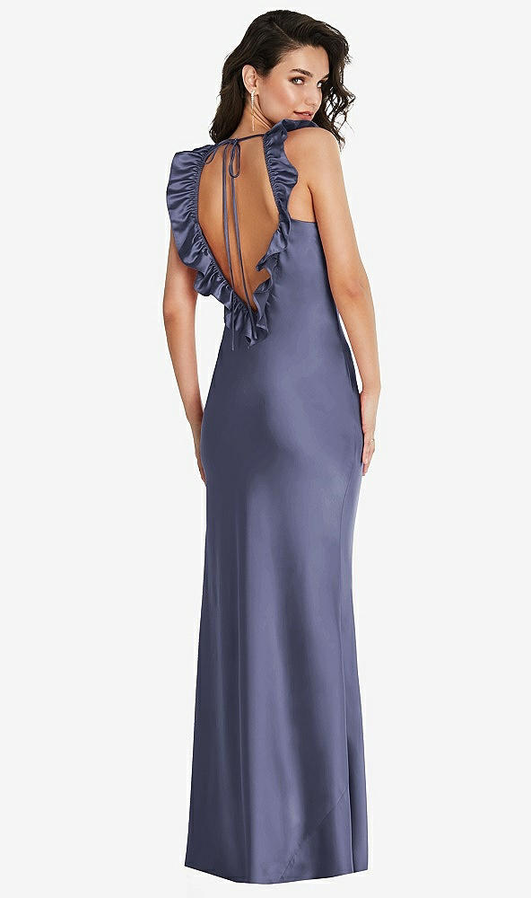Front View - French Blue Ruffle Trimmed Open-Back Maxi Slip Dress