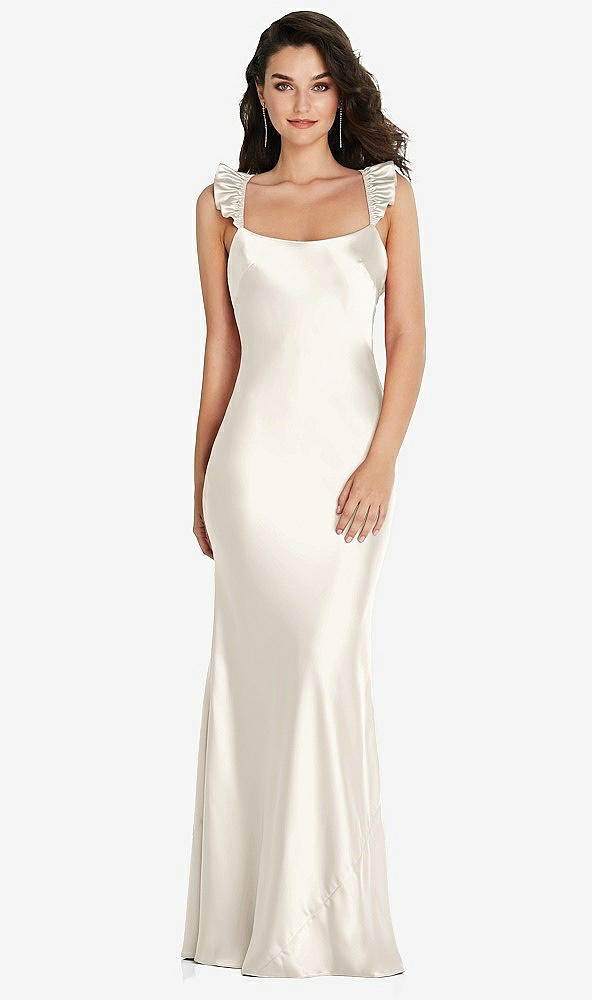 Back View - Ivory Ruffle Trimmed Open-Back Maxi Slip Dress