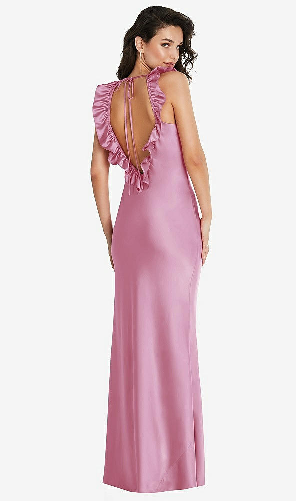 Front View - Powder Pink Ruffle Trimmed Open-Back Maxi Slip Dress