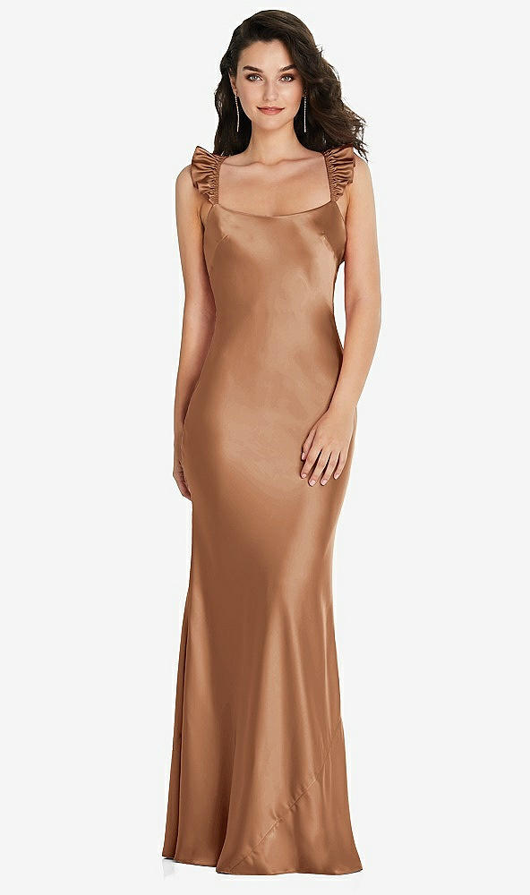 Back View - Toffee Ruffle Trimmed Open-Back Maxi Slip Dress