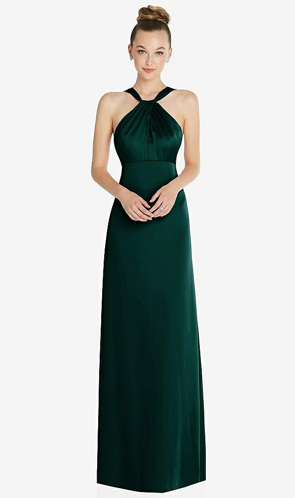 Front View - Evergreen Draped Twist Halter Low-Back Satin Empire Dress