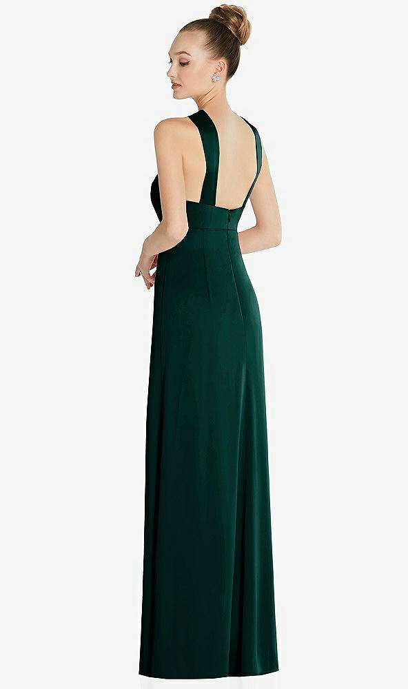 Back View - Evergreen Draped Twist Halter Low-Back Satin Empire Dress