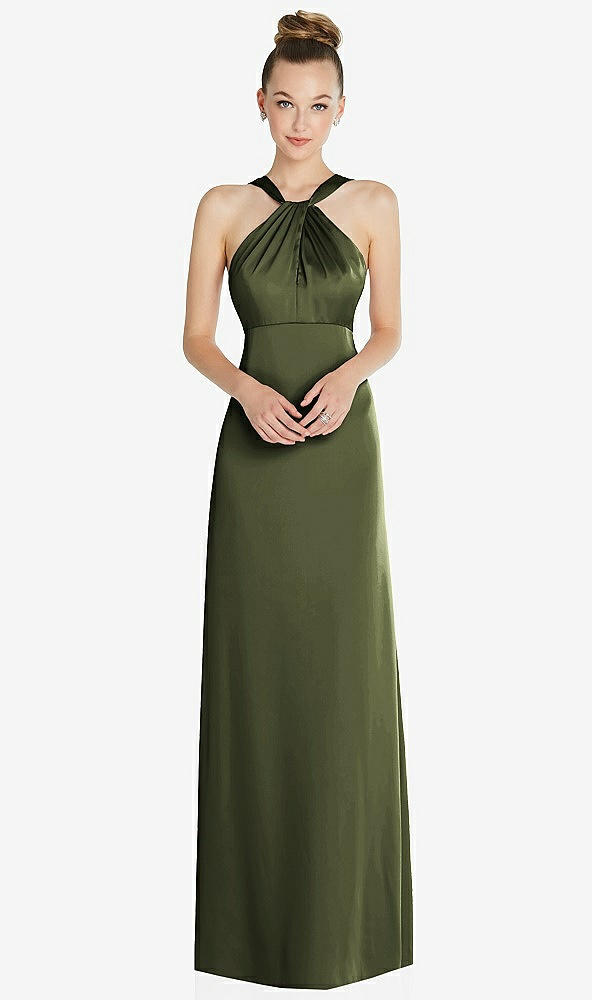 Front View - Olive Green Draped Twist Halter Low-Back Satin Empire Dress