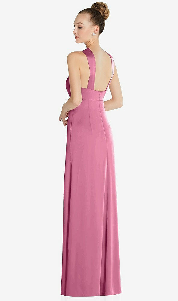 Back View - Orchid Pink Draped Twist Halter Low-Back Satin Empire Dress