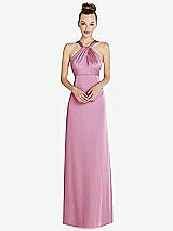 Front View Thumbnail - Powder Pink Draped Twist Halter Low-Back Satin Empire Dress